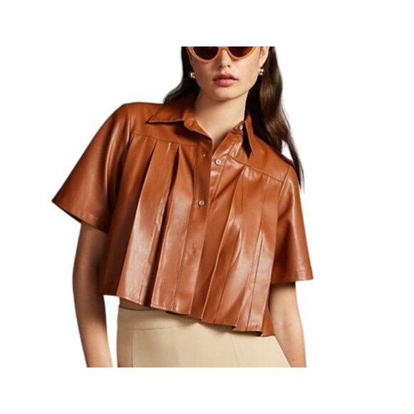 ANTHROPOLOGIE Maeve Pleated Faux Leather Top Caramel Brown Cropped Shirt - Picture 1 of 14